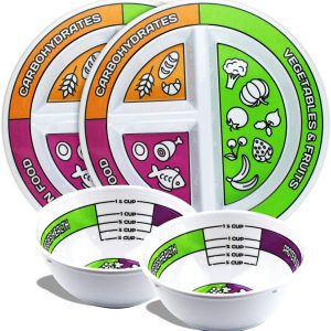 Portion Control Bariatric Plates and Bowls Set of 2 (4pcs Total) – Self-Measuring Plates and Bowls for Weight Loss, Gastric Bypass Surgery, LapBand, Diabetes and Healthier Diets, for Adults & Children