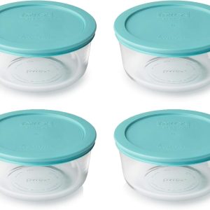 Pyrex Storage 4 Cup Round Dish, Clear with Turquoise Plastic Lids, Pack of 4 Containers – Original Genuine Pyrex – Made in the USA