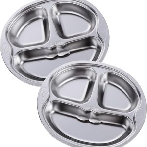 QRU Stainless Steel Divided Plates Set of 2, 3 Compartment Plate, Adults, and Portion Control, Balanced Bites Divided Plates, Non-BPA & Dishwasher Safe