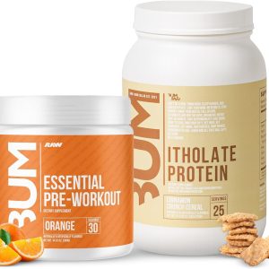 RAW Whey Isolate Protein Powder & Essential Pre-Workout Powder Bundle (Cinnamon Crunch & Orange) – Chris Bumstead Sports Nutrition Supplement for Men & Women