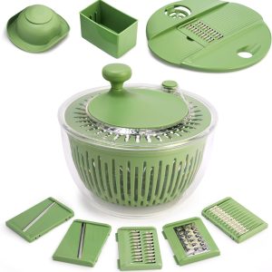 SUSTEAS Salad Spinner Large, Vegetables Wash Bowl, Fruits & Herb Lettuce Dryer with 5 Blade Slicer Egg Yolk Strainer Shredder for Efficient Salad Preparation and Food Washing, 4.25Qt