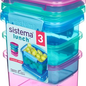 Sistema 3-Piece Food Storage Containers with Lids for Lunch, Meal Prep, and Leftovers, Dishwasher Safe, 1.6-Cup, Blue/Green/Pink