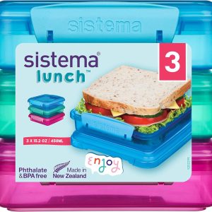 Sistema 3-Piece Sandwhich Containers for Lunch Boxes and Meal Prep, Dishwasher Safe, 1.9-Cup, Blue/Green/Pink