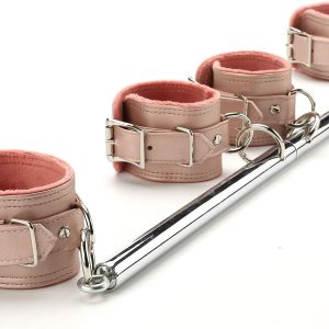 Sovyime Silver Adjustable Exercise Spreader Bar with 4 Fur Pink Adjustable Straps, Yoga Training Fitness Gear, Home Pilates Tools, Workout Bar,Sports Gym Kit