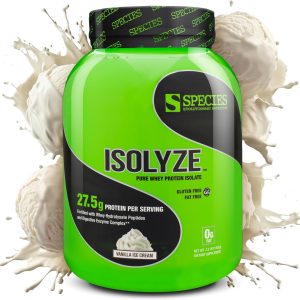 Species Nutrition Isolyze Whey Protein Powder, 100% Whey Isolate Protein, Whey Protein for Muscle Building, 27.5g Protein Per Scoop, No Sugar & Low Fat Protein (Vanilla Ice Cream, 44 Servings)