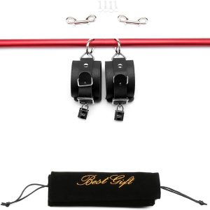 TMEOIIPY Pilates bar, Red Stainless Steel Adjustable Spreader Bar and Red Straps Set, Expandable Training Bars Metal Exercise Fitness Home Gym Gear, Stretching Exercise Tools