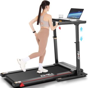 Treadmill with Desk Workstation & Adjustable Height, 300 LBS Weight Capacity, Folding Treadmill with 3 Level Incline, Bluetooth Speaker & App, Portable 2.5HP Walking Pad with Desktop for Home Office