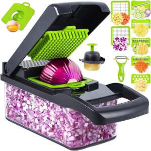 Vegetable Chopper with Container – Cheese Grater Hand Crank – Mandoline Slicer for Veggies, Onions, Fruit, Potatoes – Salad Slicer -14 in 1 Veggie Chopper