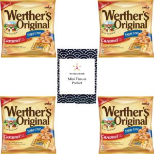 Werther’s Original Caramel Sugar Free Hard Candy 4 Pack, 1.46 oz Bags- Diabetic Snacks, Low Carb Snacks, Keto Candy – Bundle with 1 Bonus pack of Five Stars Brands Mini Tissues Pocket