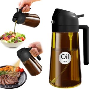 YARRAMATE 16oz/470ml Light-Blocking Dark Oil Sprayer for Cooking, 2 in 1 Olive Oil Dispenser Bottle for Kitchen, Premium Dark Amber Glass Oil Bottle, Food-Grade Oil Mister for Air Fryer, BBQ (Black)
