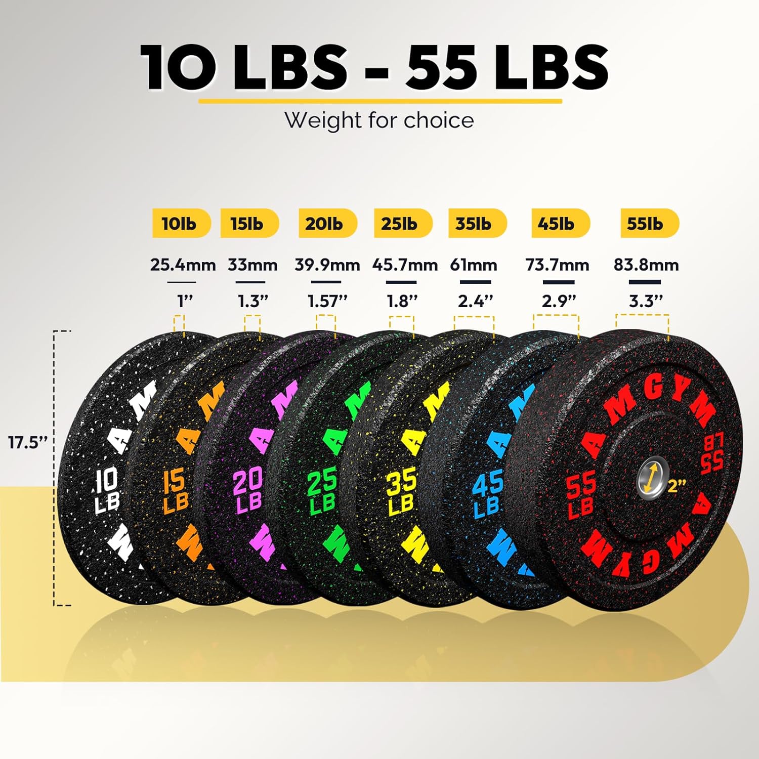 Bumper Plate Set with Colored Flecks, 2 Inch Standards Weights Plates,High Bounce Low Noise Odorless Weights for Barbell Workouts, Pro Weights for Strength Training. - Image 3