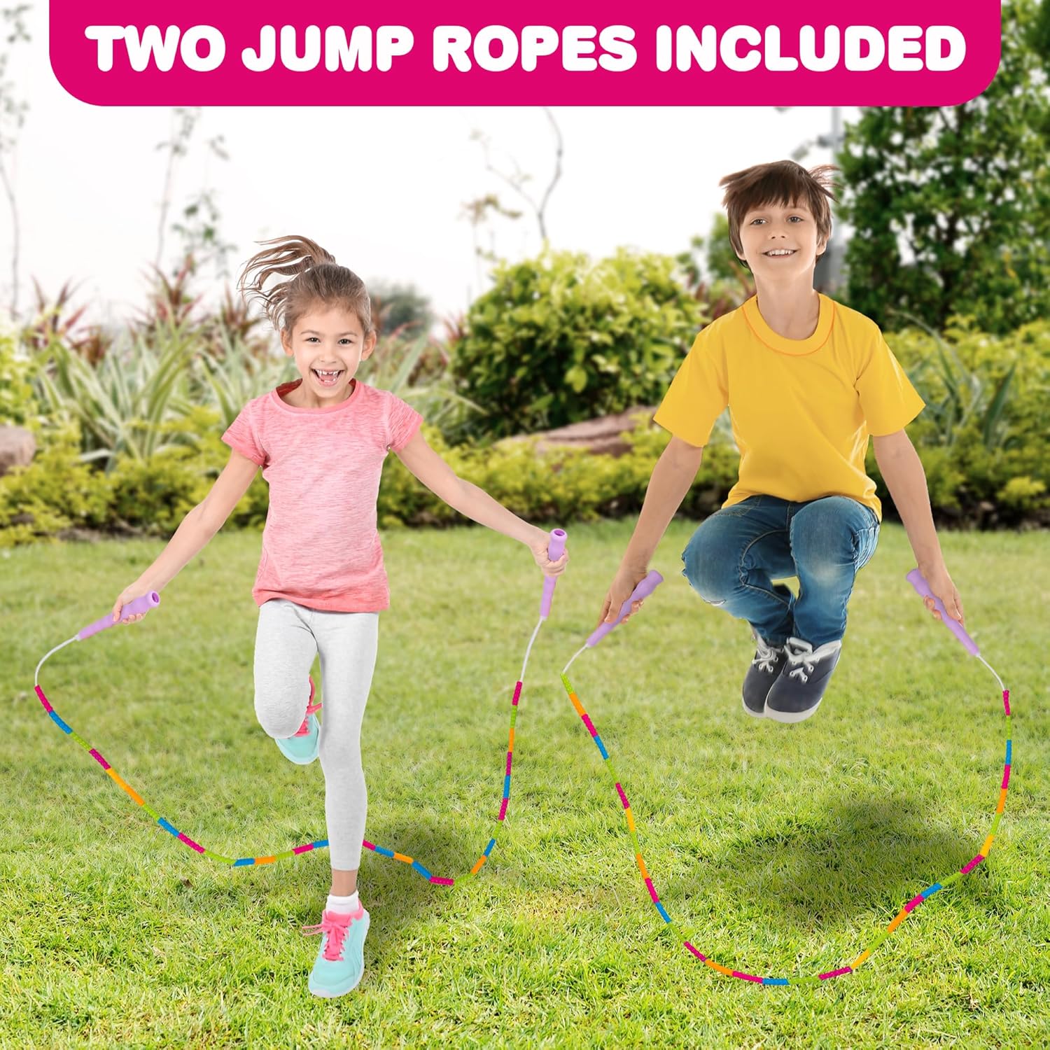 ArtCreativity Beaded Jump Rope for Kids - 2-Pack of Colorful Jump Ropes with Bright Pink Handles - Fun Outdoor Beaded Jump Ropes for Kids Ages 6-9 - Durable Skipping Rope for Active Play - Image 3