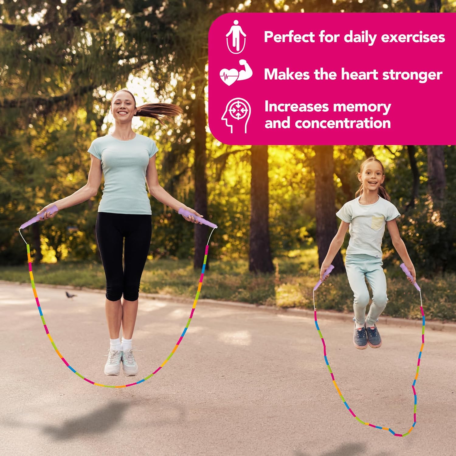 ArtCreativity Beaded Jump Rope for Kids - 2-Pack of Colorful Jump Ropes with Bright Pink Handles - Fun Outdoor Beaded Jump Ropes for Kids Ages 6-9 - Durable Skipping Rope for Active Play - Image 5