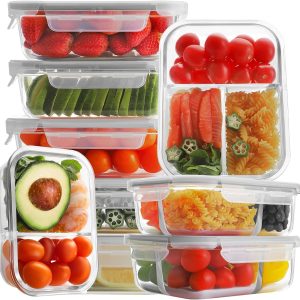 Bayco 9 Pack Glass Meal Prep Containers – 3, 2 & 1 Compartment Glass Food Storage Containers with Lids, Airtight & Leak Proof BPA-Free Lunch Bento Boxes – Grey