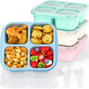 Bento Snack Boxes (4 Pack)- Reusable 4-Compartment Meal Prep Containers for Kids and Adults, Perfect Food Storage School, Compact Stackable (Wheat(Green/Blue/PK/Beige))