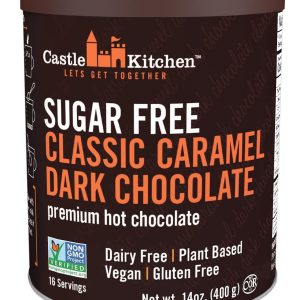 Castle Kitchen Sugar Free Classic Caramel Premium Dark Hot Chocolate Mix with Monkfruit (8 oz) – Vegan, Dairy Free, Plant Based – Keto & Diabetic – Mix with Milk Substitute – Good Source of Fiber