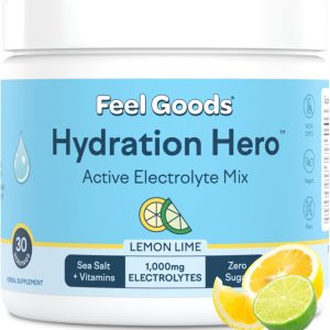 Feel Goods Hydration Hero, 1,000mg Electrolytes Powder, Sugar Free, Magnesium, Organic Aloe Vera, Organic Aloe, L Theanine, Vitamin C & B12, Non GMO, Keto, Vegan | Lemon Lime, 30 Servings