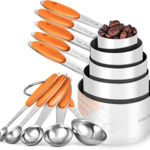 Measuring Cups and Spoons Set: U-Taste 18/8 Stainless Steel 10 Pieces Metal Stacking Kitchen Baking Cooking Food Measure Set 5 Cups 5 Spoons with Strengthened Weld Joints (Orange, Upgraded Version)