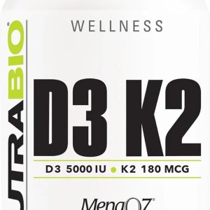 NutraBio Vitamin D3 K2 | 5000 IU D3 as Cholecalciferol with Vitamin K2 as MENA-Q MK7 (180mcg) | Support Bone and Heart Health | Non-GMO, Gluten Free, Lactose Free | 60 Vegetable Capsules