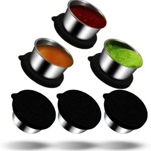 Pack of 6 Salad Dressing Container To Go: Small Condiment Containers with Lids, Reusable Stainless Steel Sauce Cups, Leakproof Silicone Lids for Bento Box, Picnic and Travel (Black – 2.36oz)