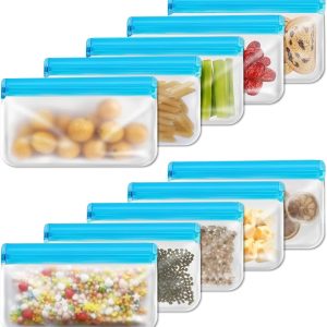 Reusable Snack Bags Dishwasher Safe,10Pack Reusable Bags Silicone Extra Thick Leak-proof Reusable Freezer Bags for Candy, Snack, Cereal, Travel Items, Home Organization(BLUE)