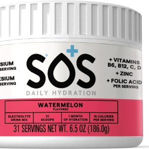SOS Hydration Electrolyte Powder, Watermelon Flavor, 31 Servings – Low-Calorie, Rapid Rehydration, Made in USA, Keto & Vegan Friendly