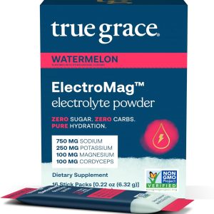 True Grace ElectroMag – 16 Stick Packs – Watermelon – Electrolyte Powder for Rapid Hydration – Sodium, Potassium, Magnesium & Cordyceps – Zero Sugar & Carbs – Non-GMO – 16 Total Servings